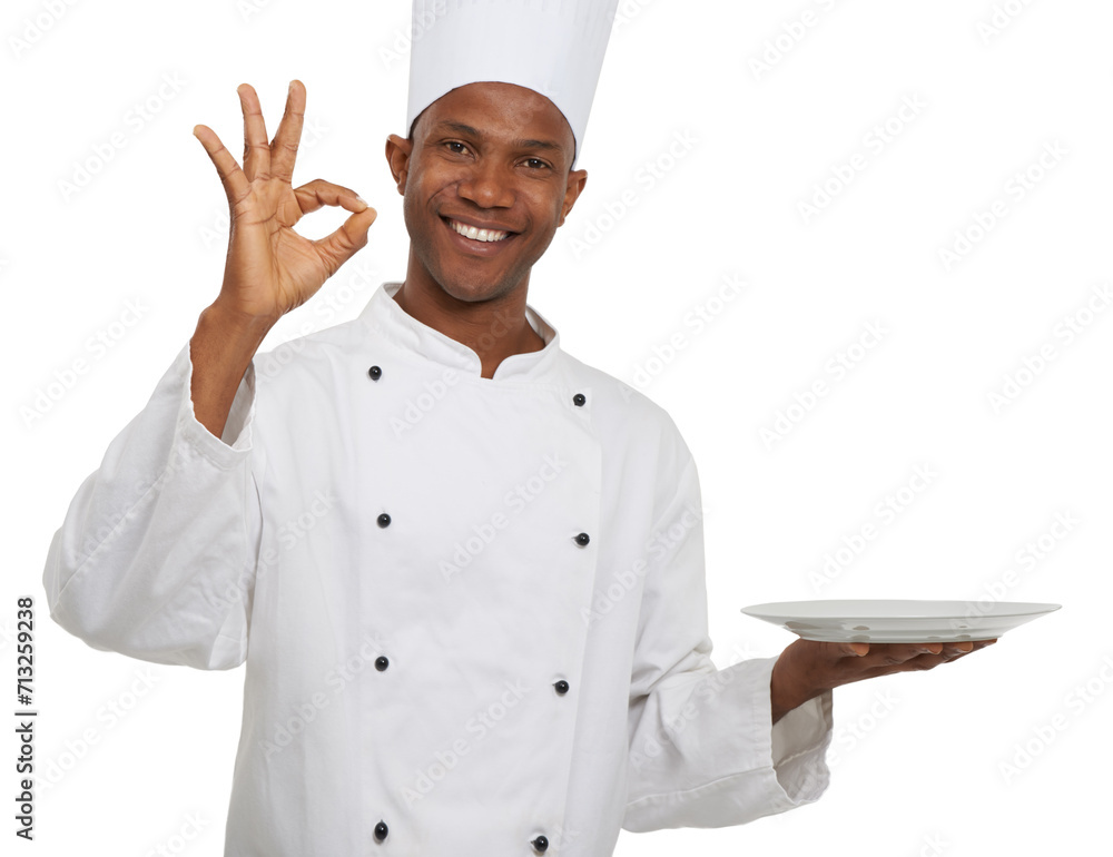 Portrait, chef and ok sign with plate presentation in studio isolated on white background. Smile, cooking or okay hand gesture of African man, show empty dish or restaurant success with perfect emoji Portrait, chef and ok sign with plate presentation in studio isolated on white background. Smile, cooking or okay hand gesture of African man, show empty dish or restaurant success with perfect emoji