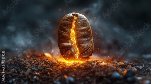 An illustration of a single, glowing coffee bean on a deep, black canvas, representing a source of energy, photo
