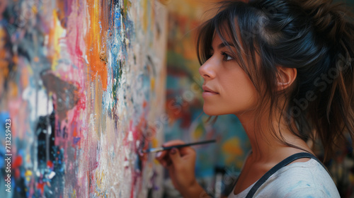 a beautiful young woman artist paints a large picture staring into it