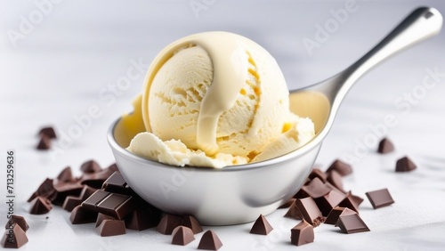 Vanilla ice cream scoop with chocolate chips photo