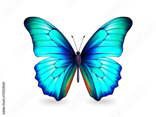 Close-up of a beautiful butterfly from above. The butterfly is a combination of light blue, black, and a hint of orange. Isolated within a white-colored background. Created with Generative AI. © an