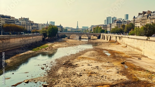 Fototapeta Naklejka Na Ścianę i Meble -  City of Paris landscape panorama as heavily drought, dry Seine river, a desert city. Global Warming, climate change drought in the main capital of Europe