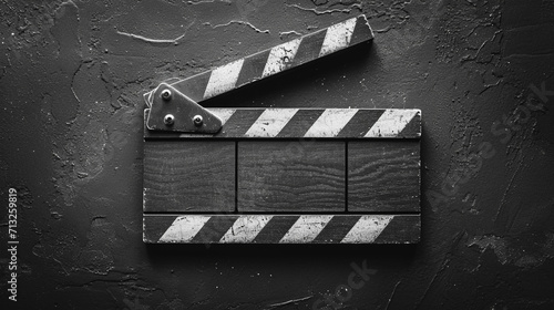 A depiction of a minimalist clapperboard with only one clapstick visible, set against a monochromatic backdrop, photo