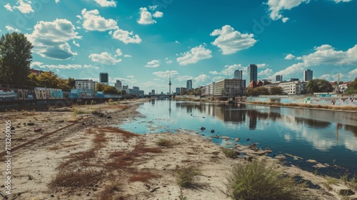 City of Berlin landscape panorama as heavily drought, dry Sprea river, a desert city. Global Warming, climate change drought in the main capital of Europe