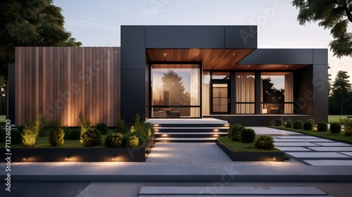 Modern luxury minimalist cubic house, villa with wooden cladding and black panel walls and landscaping design front yard. Residential architecture exterior. © Ziyan