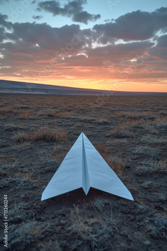 A depiction of a paper airplane as the focal point in a vast  empty landscape  emphasizing solitude 