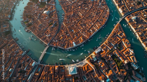 Drone view of City of Venice landscape panorama as heavily drought, dry channels from top view 