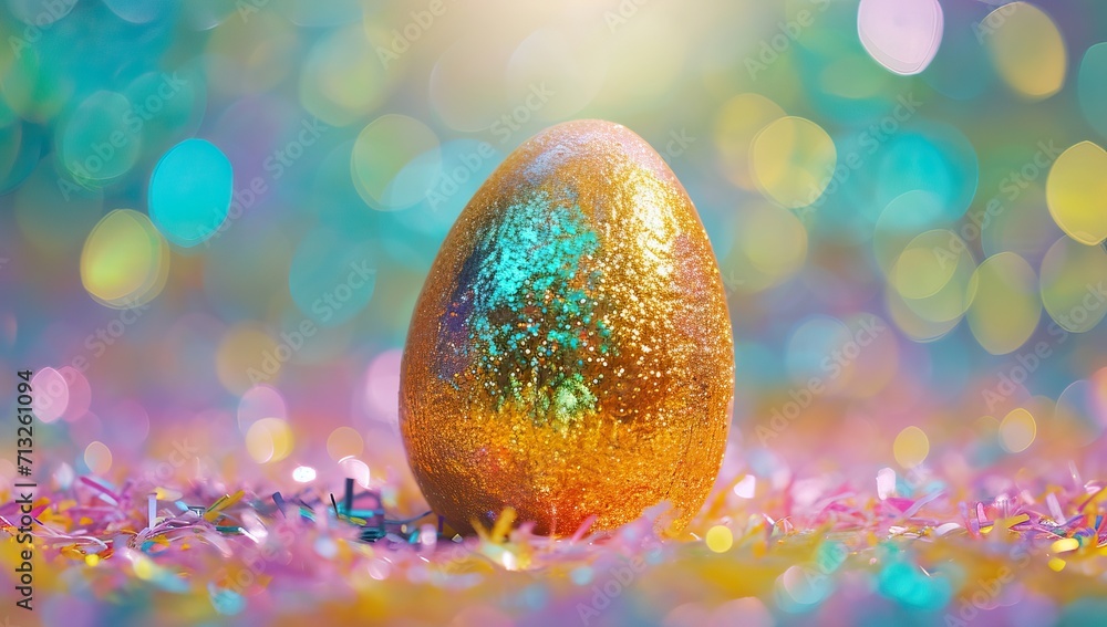 Easter egg on colorful bokeh background. Happy Easter concept.