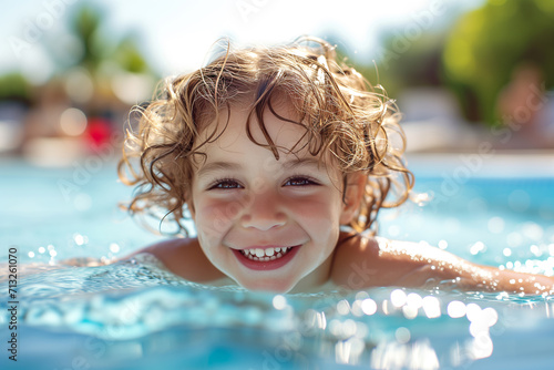 Portrait of small red-haired boy bathes in an open-air swimming pool, family summer leisure. Swimming Fun. Portrait of smiling boy in a swimming pool. Boy in Pool