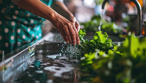A woman washing fresh green vegetables under running water in a sink photo