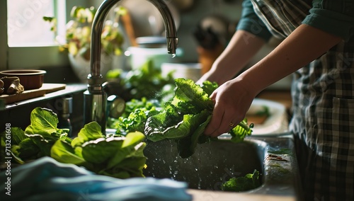 Close up of female hands washing lettuce in sink in kitchen at home photo