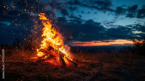 Bonfire Lit in Field at Night, Warmth, Light, and Gathering in the Dark
