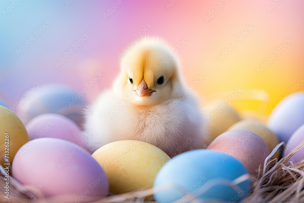 Easter chicken in nest with colorful eggs