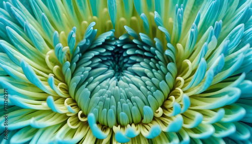 Close up of green and blue chrysanthemum petals. Generative AI