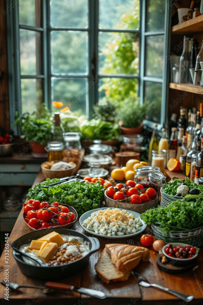 A group of health foods in a rustic kitchen setting, fruit and vegetables