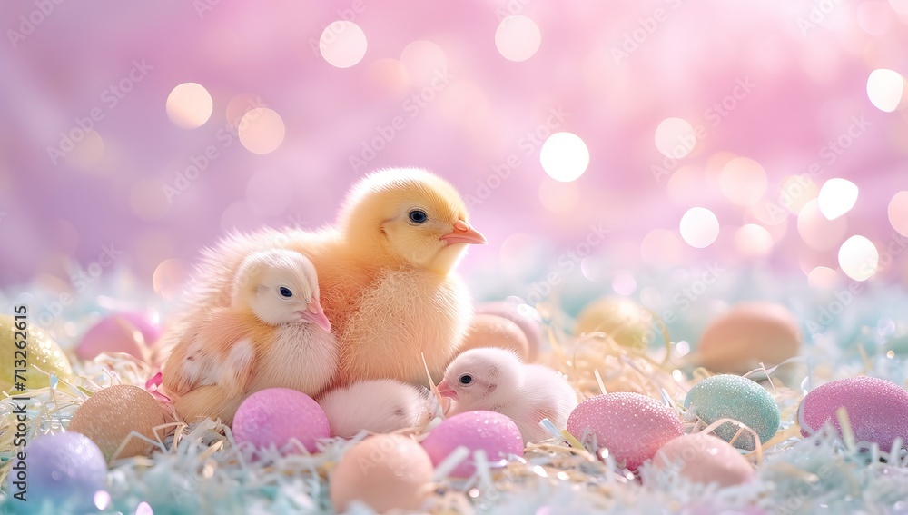 Easter background with easter eggs, chicks and bokeh Easter background with easter eggs, chicks and bokeh