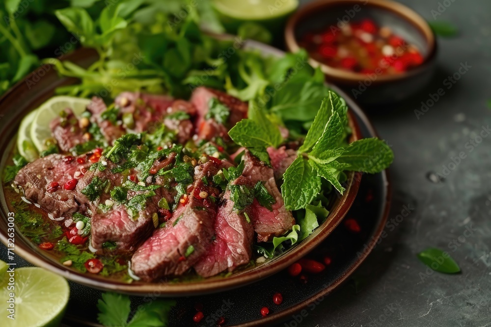 Beef Lok Lak with pepper lime dip made of beef fillet, black Kampot pepper, fish sauce, palm sugar, parsley dill mint, Lolo Rosso, limes, clean wooden background Beef Lok Lak with pepper lime dip made of beef fillet, black Kampot pepper, fish sauce, palm sugar, parsley dill mint, Lolo Rosso, limes, clean wooden background