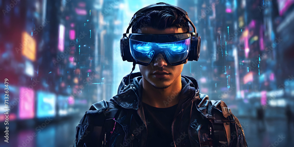 Illustration of a cyberpunk hacker in a virtual reality setting, ai generative Illustration of a cyberpunk hacker in a virtual reality setting, ai generative