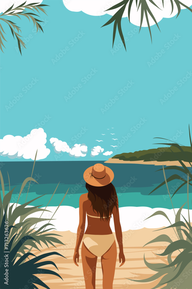  Vector banner postcard place for text summer holidays. A girl on vacation in a swimsuit and hat walks along the beach. Girl back view. Sea, sandy shore, palm trees