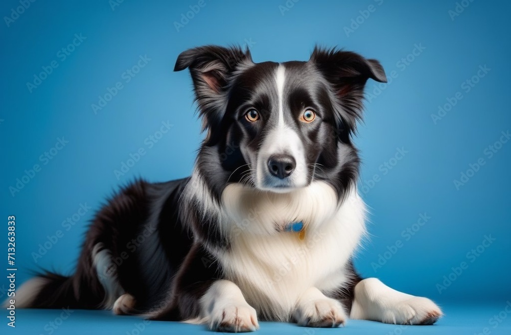 amazing healthy and happy adult black and white border collie on the blue background