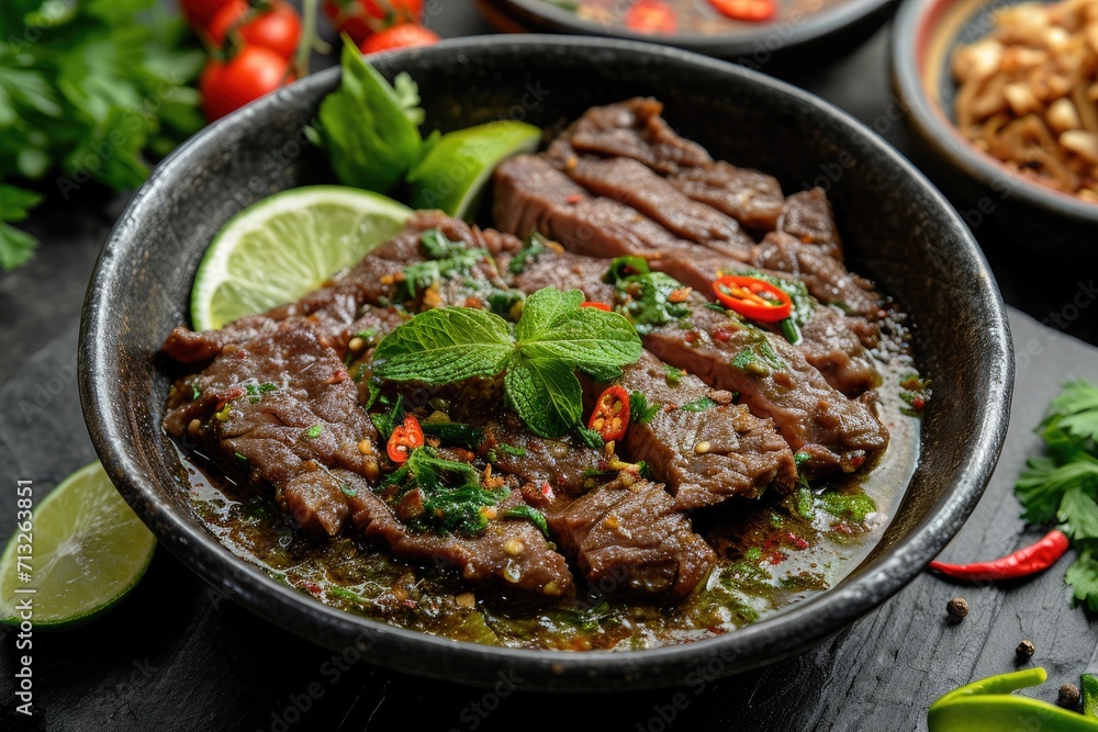 Beef Lok Lak with pepper lime dip made of beef fillet, black Kampot pepper, fish sauce, palm sugar, parsley dill mint, Lolo Rosso, limes, clean wooden background