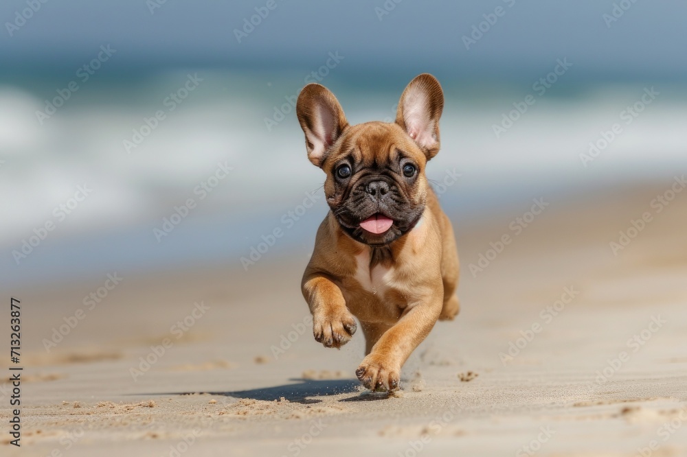 Cute little French bulldog running on the beach. 