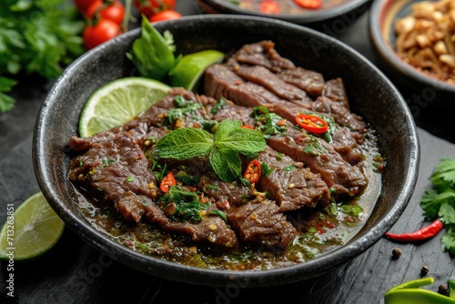 Beef Lok Lak with pepper lime dip made of beef fillet, black Kampot pepper, fish sauce, palm sugar, parsley dill mint, Lolo Rosso, limes, clean wooden background