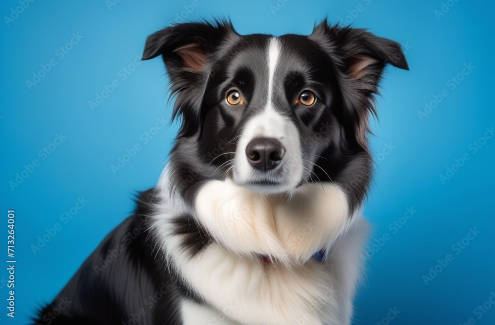 amazing healthy and happy adult black and white border collie on the blue background