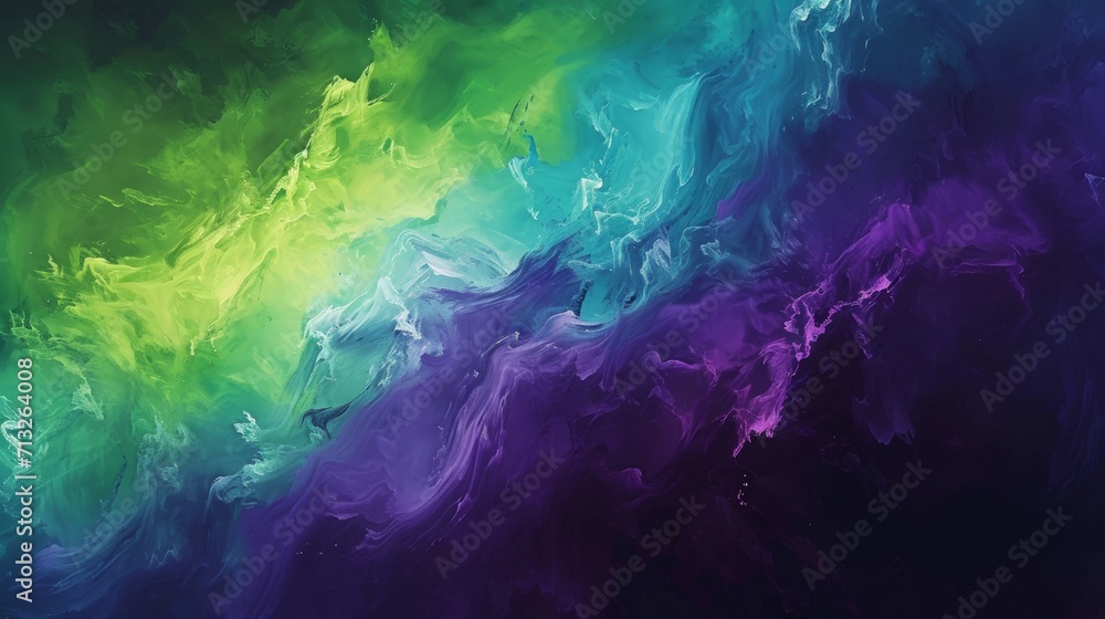 Abstract art inspired by the Aurora Borealis with glowing greens and purples background