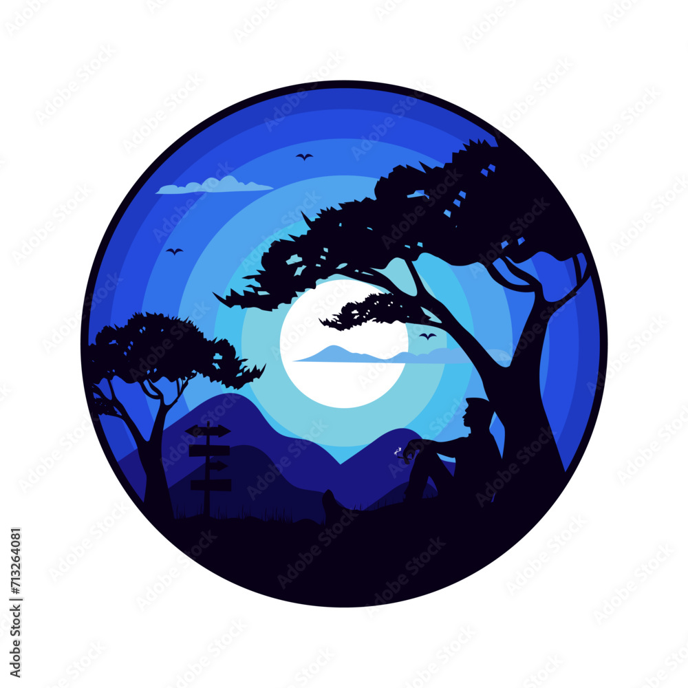Vector illustration of a forest, retro style outdoor adventure inside a circle, with a man leaning against a tree, mountain, perfect for t-shirts, stickers, etc