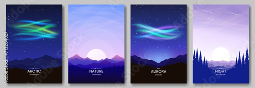 A collection of flat landscapes. Aurora Borealis, night landscape, sunset or sunrise, silhouettes of trees and hills. Design of a postcard, poster, cover, background.
