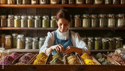 young woman in apron choosing spices in the spice shop photo