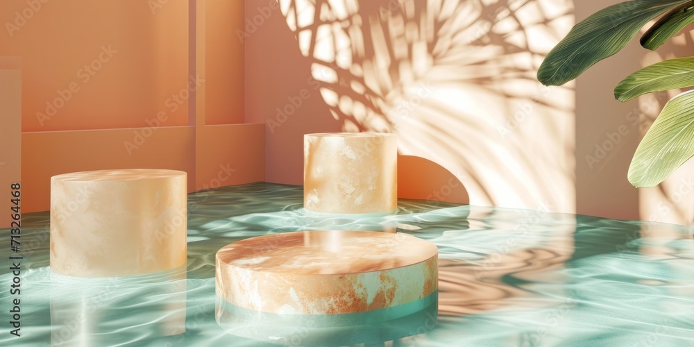 Three glossy podiums in beige-peach colours in the corner of swimming pool, summer light. Three glossy podiums in beige-peach colours in the corner of swimming pool, summer light.