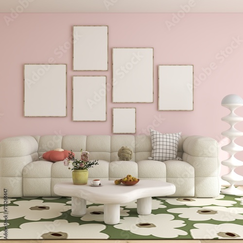 6 wall frames mockup in danish living room with sofa. empty posters gallery wall art, colorful design. 3D illustration