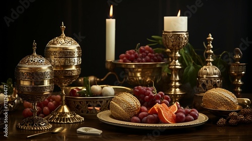 Table Adorned With Gleaming Golden Dishes and Glasses  Passover