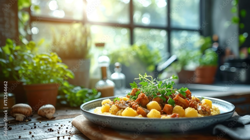 Close-up of wooden table with a plate of polenta and mushroom ragout, garnished with fresh greens and lit by sunlight. Cozy Italian restaurant with large windows overlooking beautiful garden. Close-up of wooden table with a plate of polenta and mushroom ragout, garnished with fresh greens and lit by sunlight. Cozy Italian restaurant with large windows overlooking beautiful garden.