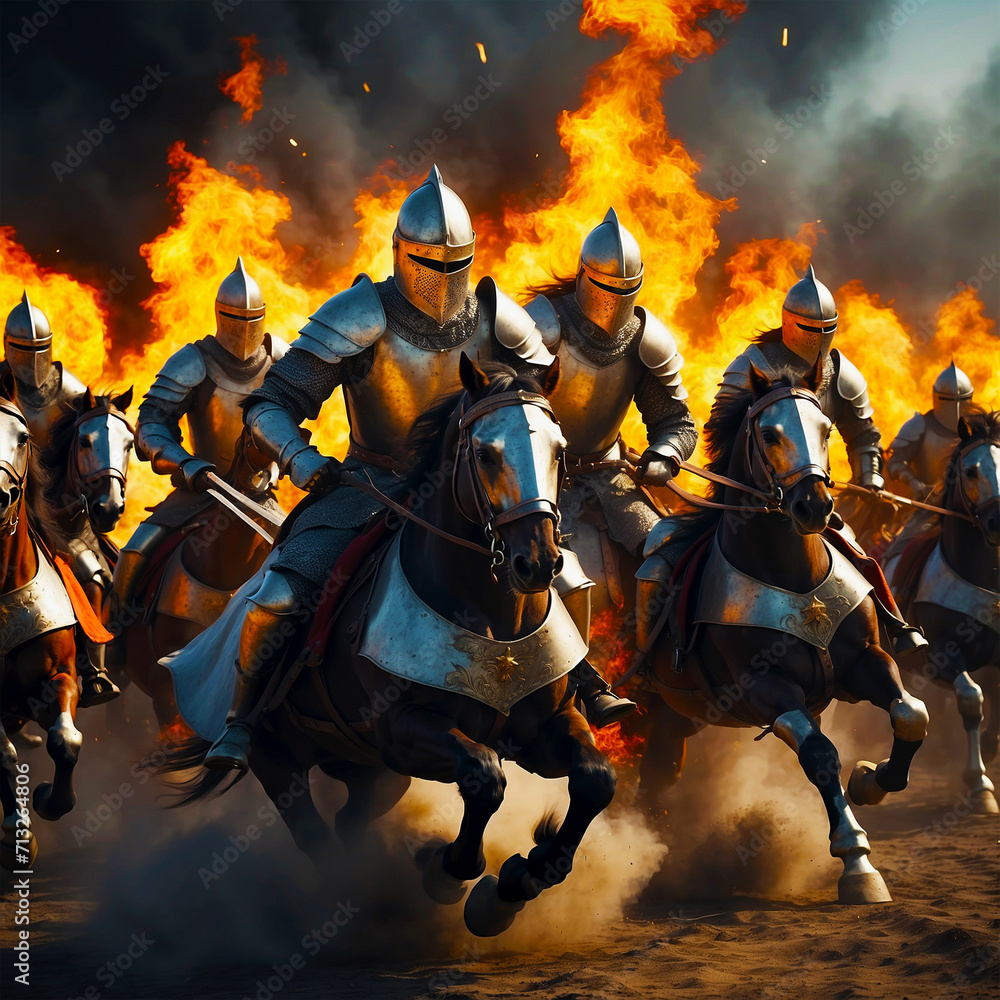 Naklejka premium Knight Warrior Riding Horse in A War Battlefields Wearing Steel Armor Fire Flame Splashing Background knight on horseback knight with sword armor helmet in war