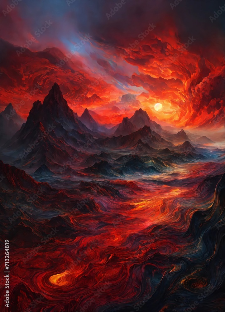 Abstract texture landscape of red stream of water flow into the ocean among the mountains