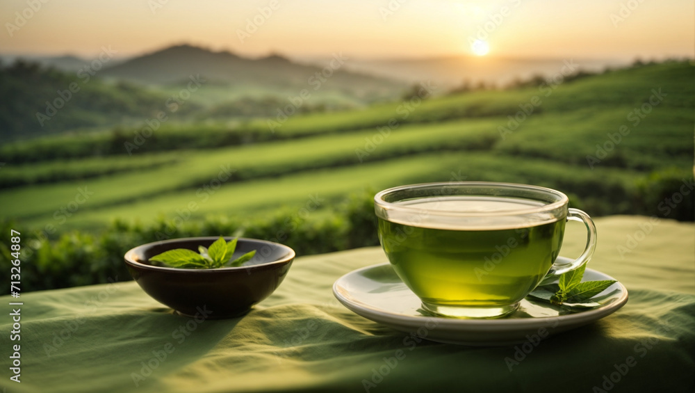 A cup of green tea on a napkin on the background of tea plantations. generative AI A cup of green tea on a napkin on the background of tea plantations. generative AI