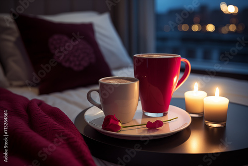 Romantic coffee in hotel room for Valentine's Day. Cozy morning