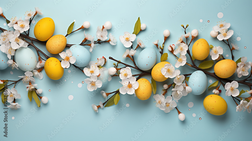 Spring Awakening: Easter Eggs Amidst Cherry Blossoms on a blue background. Spring Awakening: Easter Eggs Amidst Cherry Blossoms on a blue background.