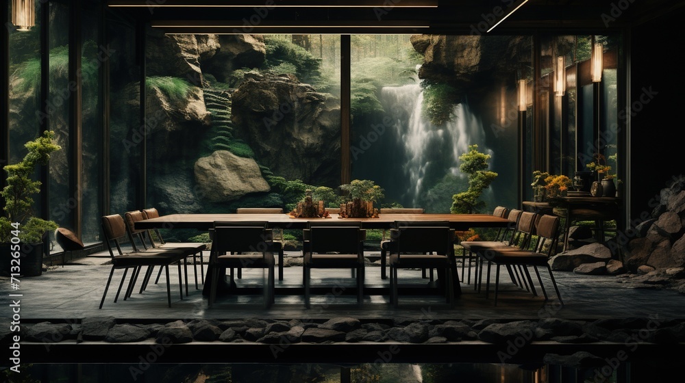 A stunning dining room that brings the outdoors in, featuring a large window with a cascading waterfall view, surrounded by lush greenery. A stunning dining room that brings the outdoors in, featuring a large window with a cascading waterfall view, surrounded by lush greenery.