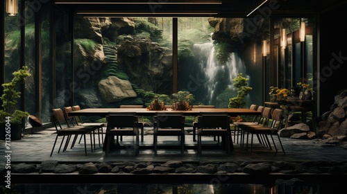 A stunning dining room that brings the outdoors in, featuring a large window with a cascading waterfall view, surrounded by lush greenery.