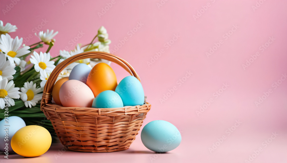 Colorful Easter eggs in a basket and blooming pink flowers on a light blue background, copy space Colorful Easter eggs in a basket and blooming pink flowers on a light blue background, copy space