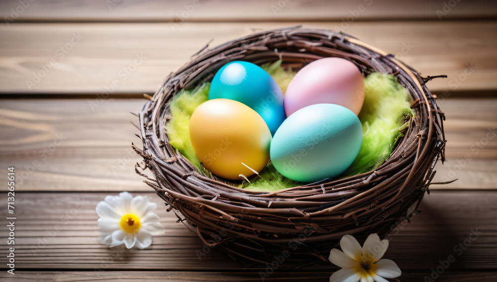 Nest with colorful Easter eggs and flowers on a wooden background, greeting card, banner