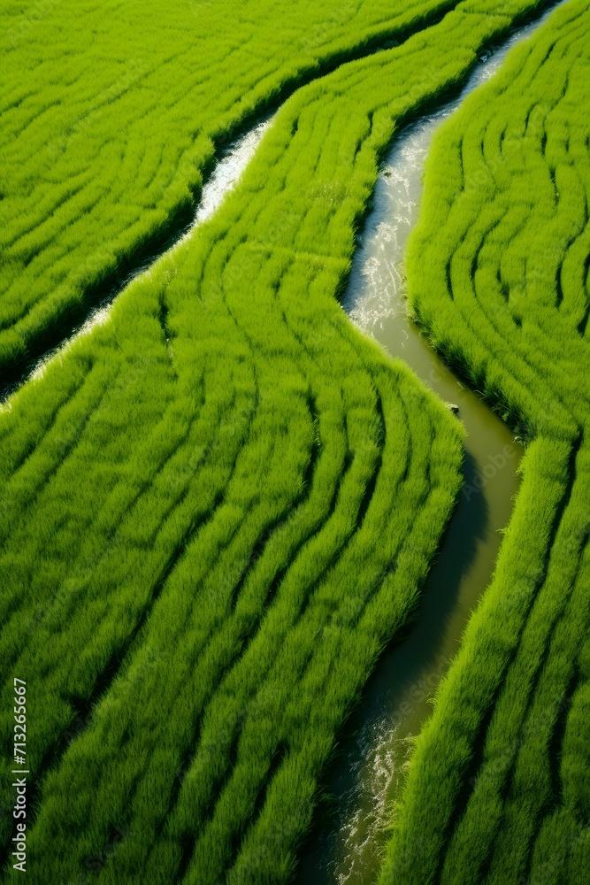 Aerial drone view of green rice field. Above view of agricultural field, and river. Natural pattern of green rice farm. Beauty in nature. Sustainable agriculture. Carbon neutrality. 