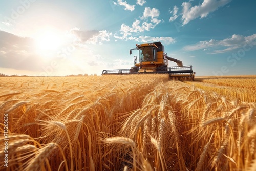 Front view of modern automated combine harvesting wheat ears on a bright summer day. Grain harvester in a vast golden wheat field. Blue cloudy sky with bright sun in the background. photo