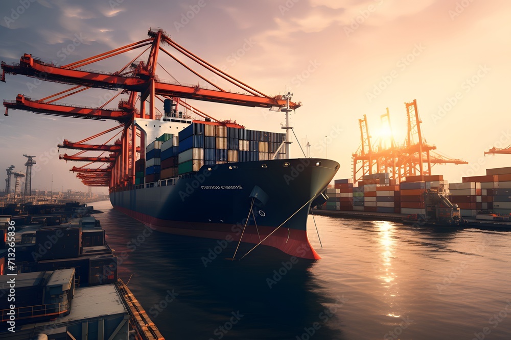 Fototapeta premium Cargo ship with crane loading container for import or export at terminal port.
