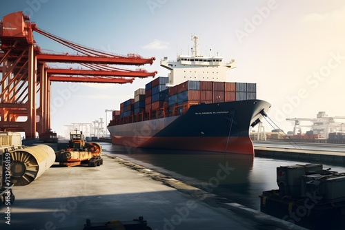 Cargo ship with crane loading container for import or export at terminal port.