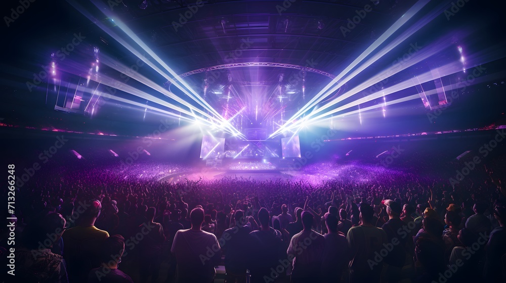 Arena or Stadium concert with center stage, illuminated with purple lasers. Cheering and excited full crowd.